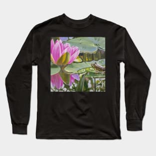 Contemplation - water lily and frog pond painting Long Sleeve T-Shirt